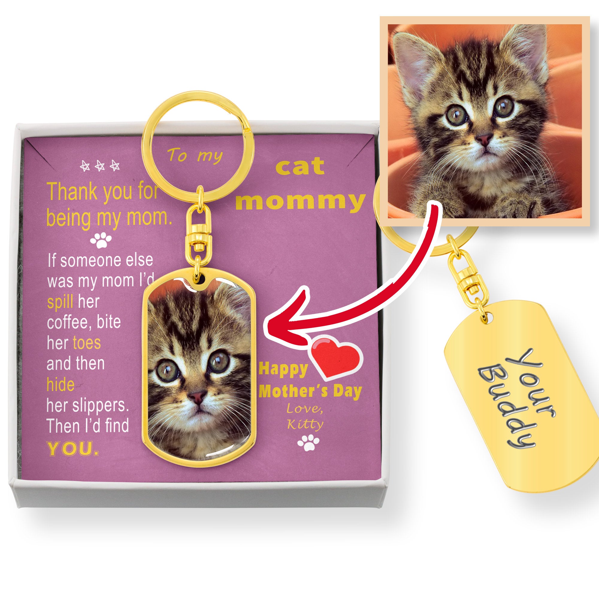 To Cat Mom - Thank you - from Kitty Cat - Custom Photo Dog Tag Keychain